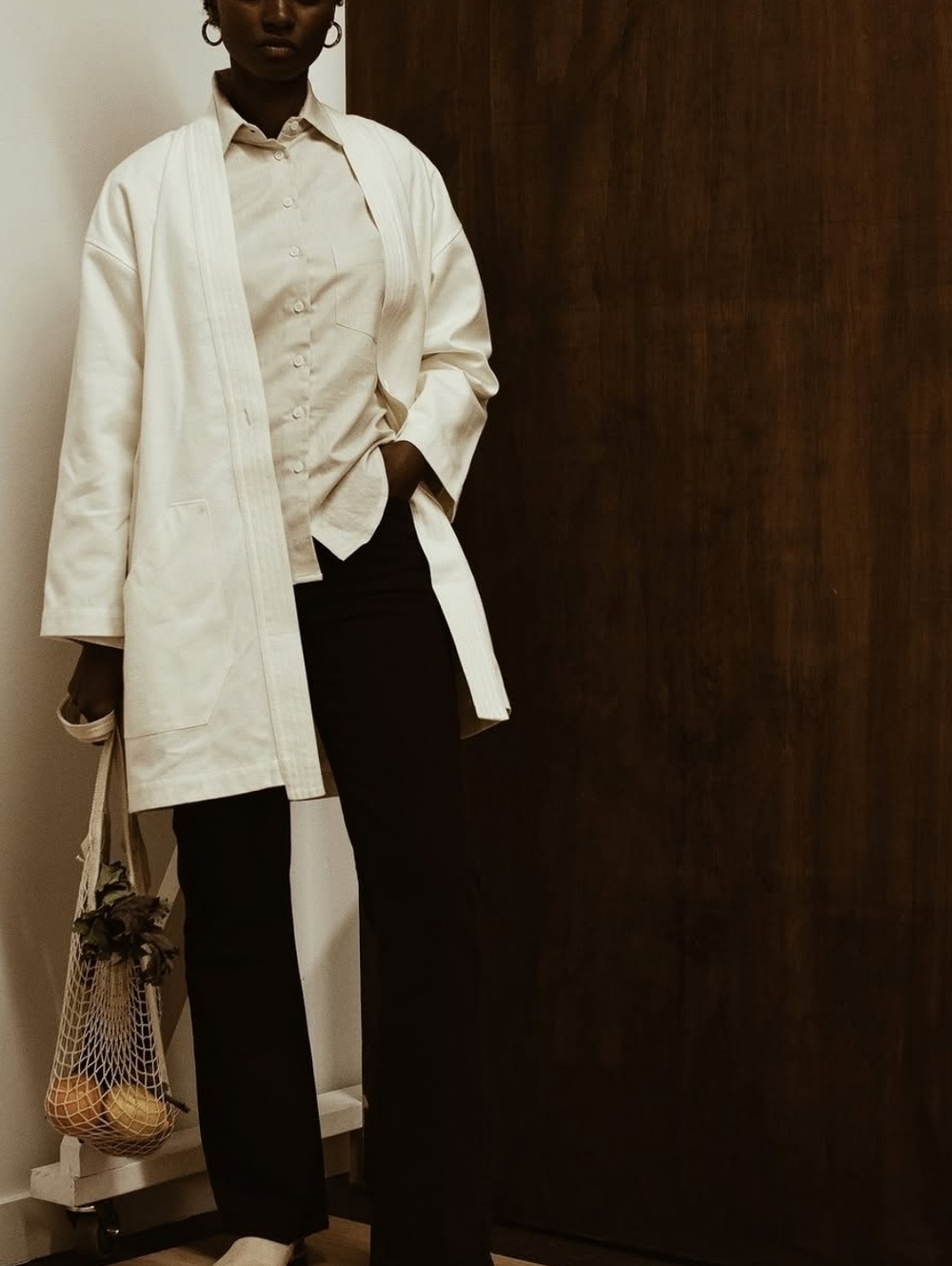 Power Of My People Long Sleeve Duster Coat Jacket XS /S Ecru Cotton